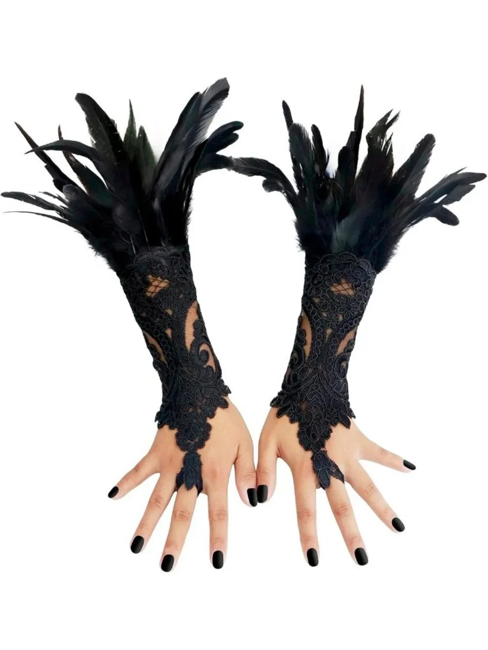 Elegant Lace Feather Long Gloves - Gothic Mesh Cuff for Wedding & Halloween